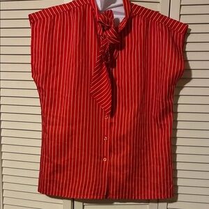 Vintage Judy Bond 80s Chic Red Striped Cap Sleeve Blouse w/ scarf bow (sz12)